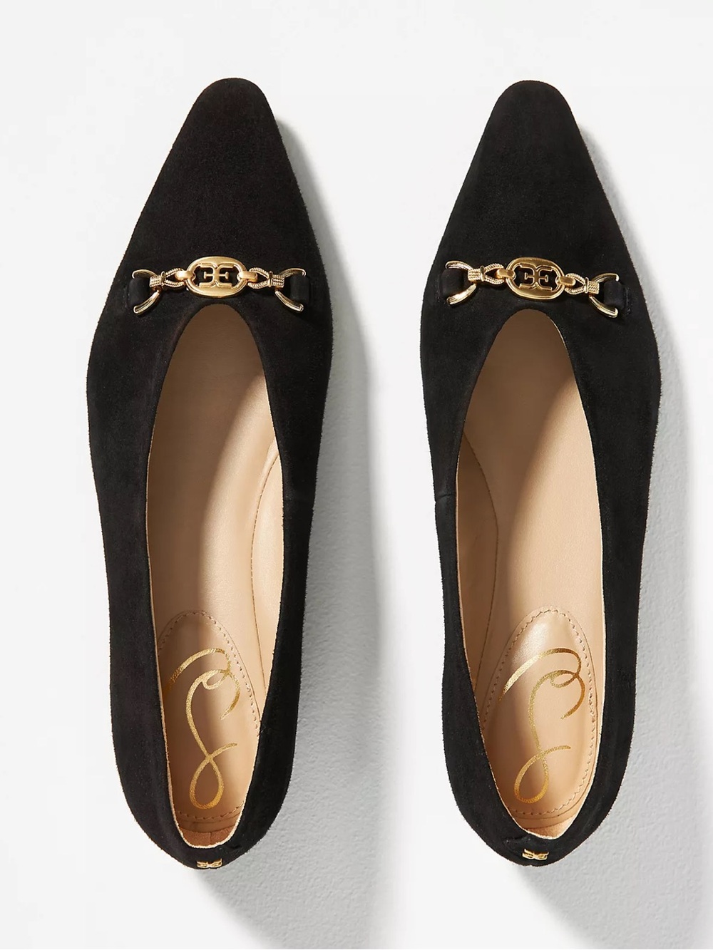 Sam Edelman Black Suede Pointed Ballet Flats with Gold Bit